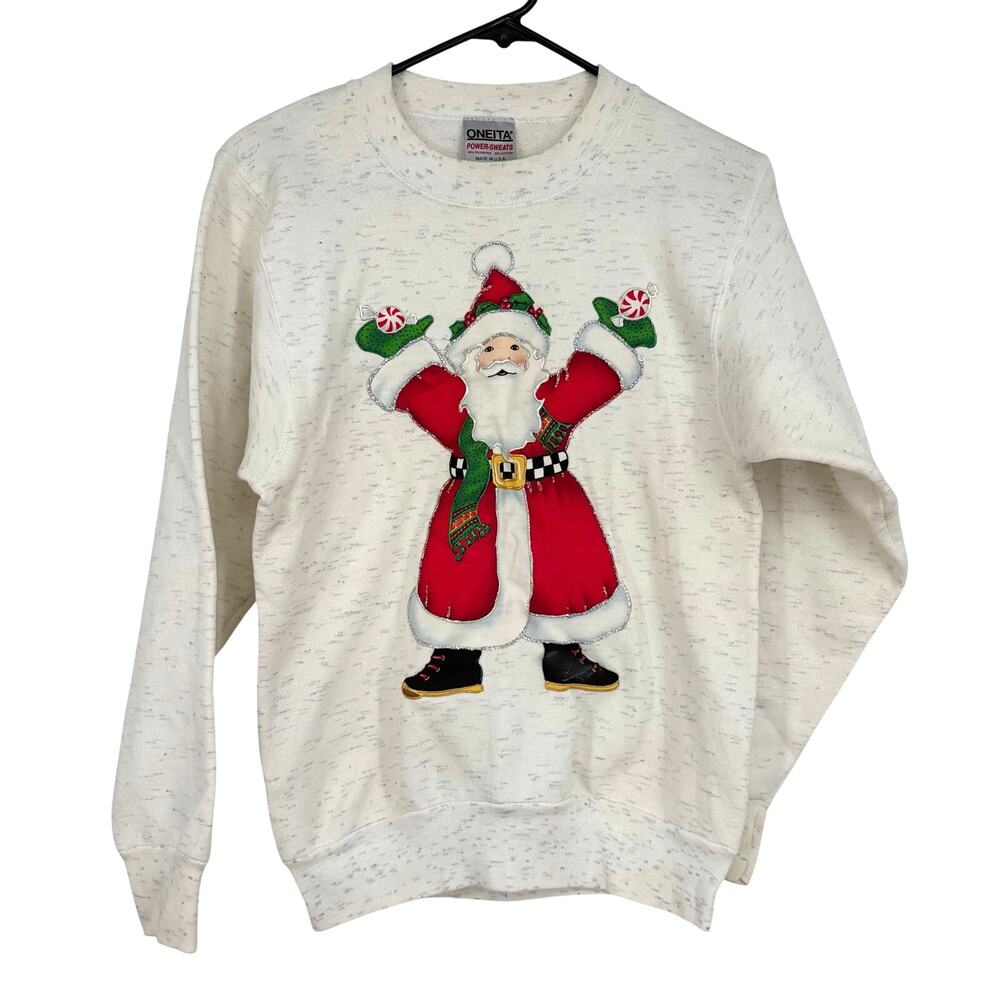 ONEITA Vintag White Speckled Santa Puffy Paint Christmas Crewneck Size Small